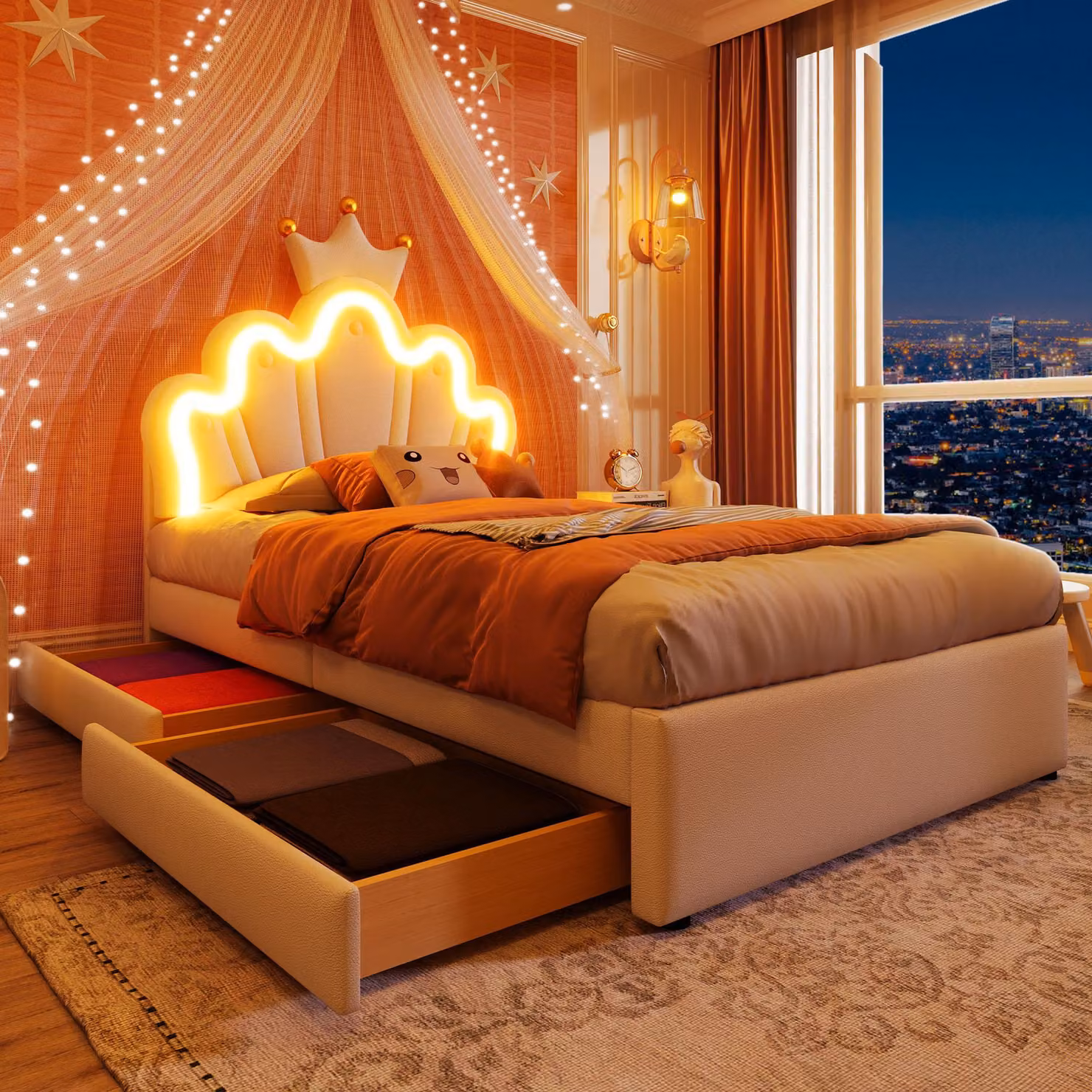 Letto imbottito Merax 90x200cm, letto da principessa con luci LED, testata regolabile, 2 cassetti, design a , PU, letto per bambini, letto per giovani, bianco
