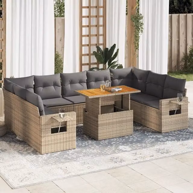 Set Divano da Giardino vidaXL in Polyrattan con Cuscini Beige e Tavolino da Esterno 10 Pezzi – 1