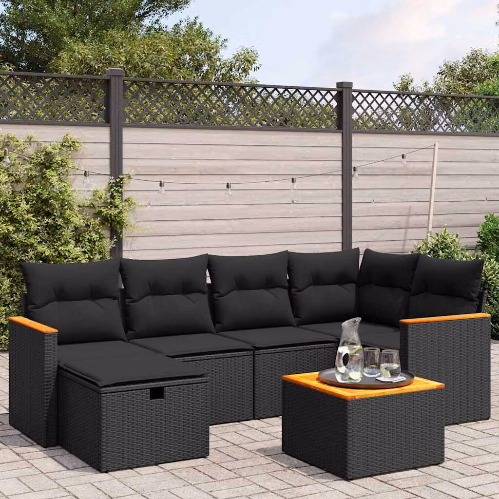 vidaXL Set Divani da Giardino a L con 7 Pezzi Nero e Tavolino, Polyrattan e Acciaio con Cuscini Rimovibili e Resistenti ai Raggi UV – 1