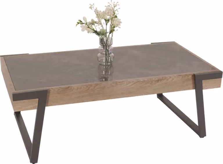 Tavolino HWC-L89, tavolo da salotto, ferro 43x120x64cm pietra sinterizzata aspetto marmo grigio legno grigio-marrone