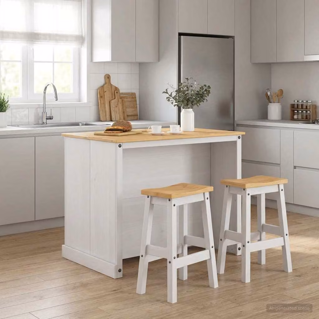 Set isola da cucina moderno vidaXL in 3 pezzi, legno di pino massello cerato, Bianco, L/P/H: 112,0 x 77,0 x 91,5 cm