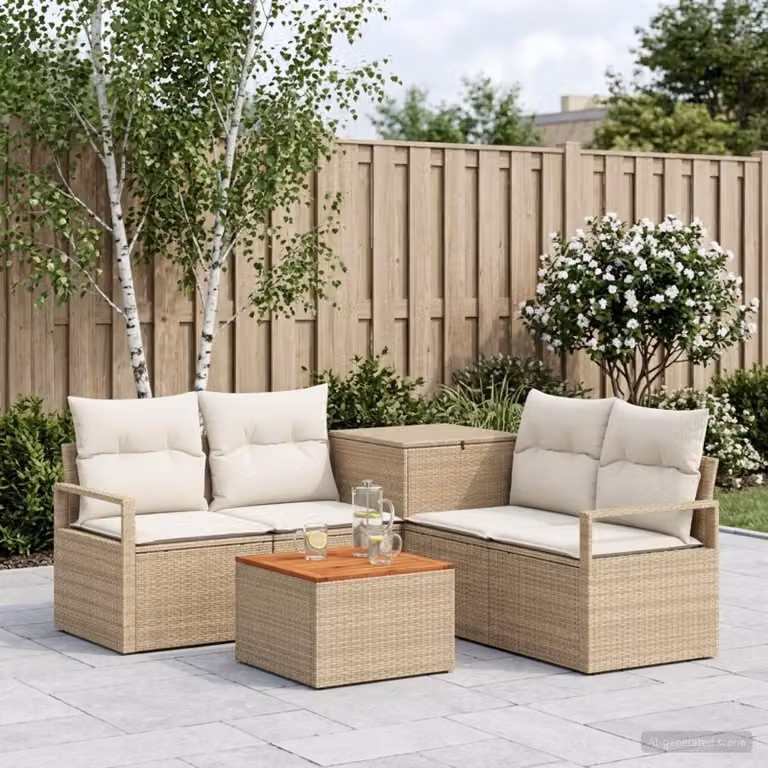 vidaXL Set di divani da giardino 6 pz in polyrattan con tavolo da caffè Beige e Bianco Crema