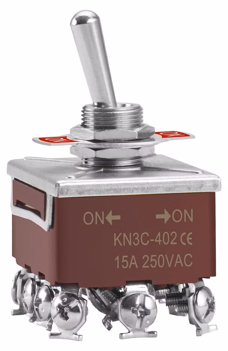 Interruttore a levetta metallico 4PDT, configurazione ON/ON, 15 A, 250 VAC, diametro di montaggio 12 mm