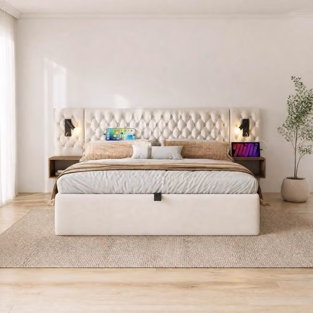 Letto matrimoniale MODFU in velluto beige con contenitore idraulico, luci di lettura integrate e porte USB, L/P: 180 x 200 cm