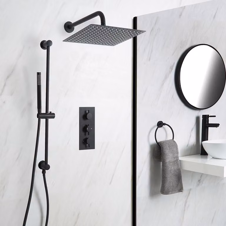 Sistema Doccia Termostatico Nero con Soffione Quadrato da 300mm, Asta Saliscendi e Doccetta (2 Vie) - Nox
