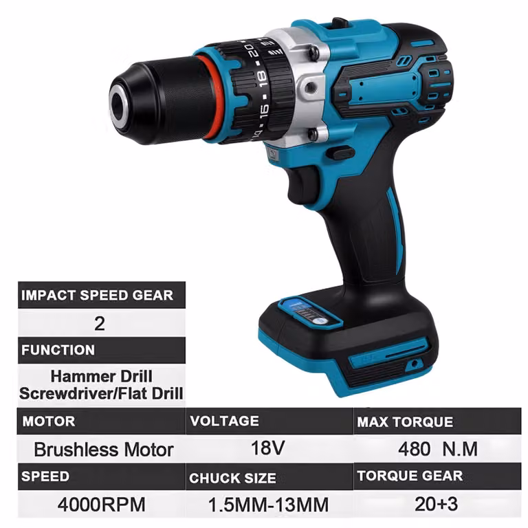 Trapano avvitatore a batteria senza fili - 18V - Trapano avvitatore a batteria - Coppia di 480 Nm - 4000 giri/min - Motore brushless - 20+3 velocità - Senza batteria