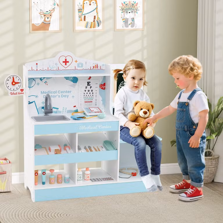 Set da gioco dottore in legno Costway Centro Medico per bambini con monitor ECG e tabella oculistica, Blu e Bianco