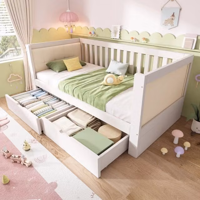 Divano Letto 90x200 cm in Legno Bianco con 2 Cassetti e Schienale Confortevole