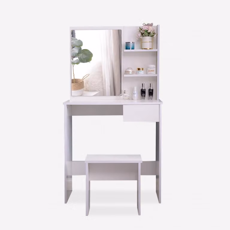 Comodino mobile con cassetto, specchio e sgabello Mayca