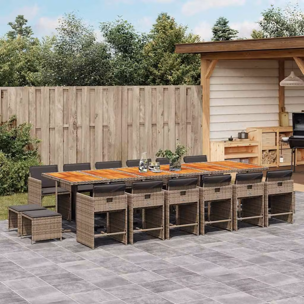 Set da pranzo da giardino vidaXL in polyrattan e legno di acacia con 17 pezzi e cuscini, colore grigio e marrone