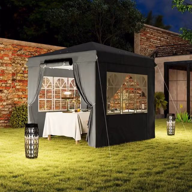 Gazebo da giardino pieghevole con 4 pareti laterali, altezza regolabile, in poliestere grigio scuro 250×250×268 cm
