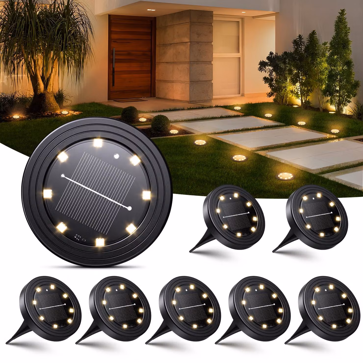 8 luci solari da giardino, grado di protezione IP68, 8 LED, luce bianco caldo, per uso esterno
