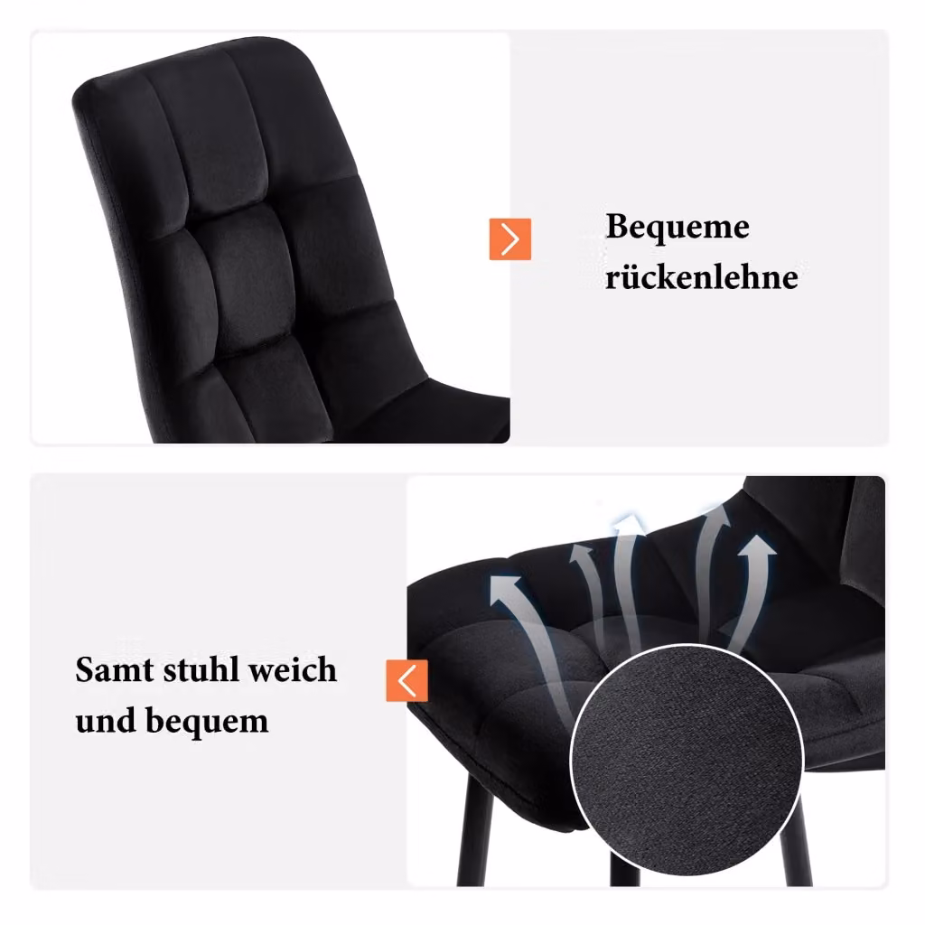 Set da 4 sedie da pranzo REDOM in velluto nero con struttura in metallo e legno, L 44 cm x P 41 cm x H 86 cm – 2