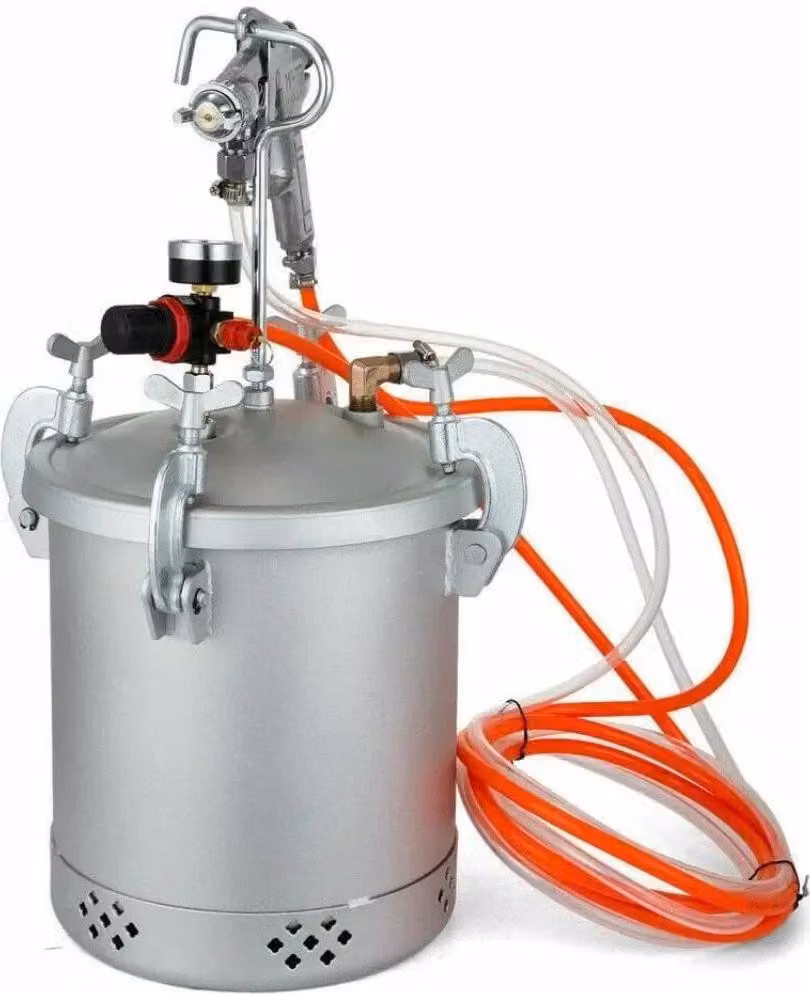 Sistema di verniciatura a spruzzo da 10 litri - Serbatoio a pressione con pistola a spruzzo - Pressione: 45–60 PSI - Adatto per vernici a base d'acqua, impregnanti e vernici - Per interni ed esterni - Colore: argento