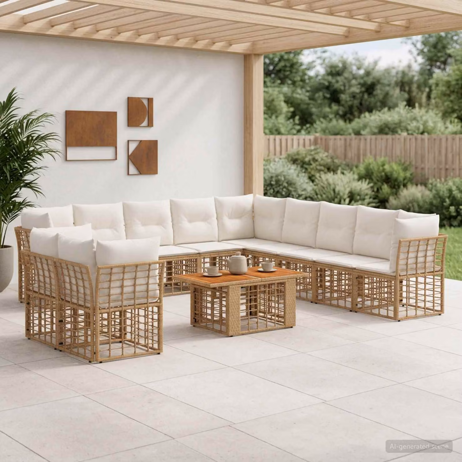 Set Divano da Giardino vidaXL 12 pz a Forma a L con Tavolino, Polyrattan e Cuscini, Colore Naturale e Bianco Crema