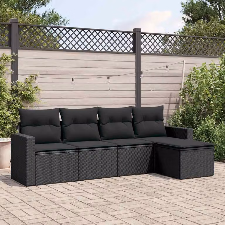 Set Divani da Giardino vidaXL 5 Pezzi a Forma di L con Cuscini e Ottoman in Polyrattan Nero e Struttura in Acciaio