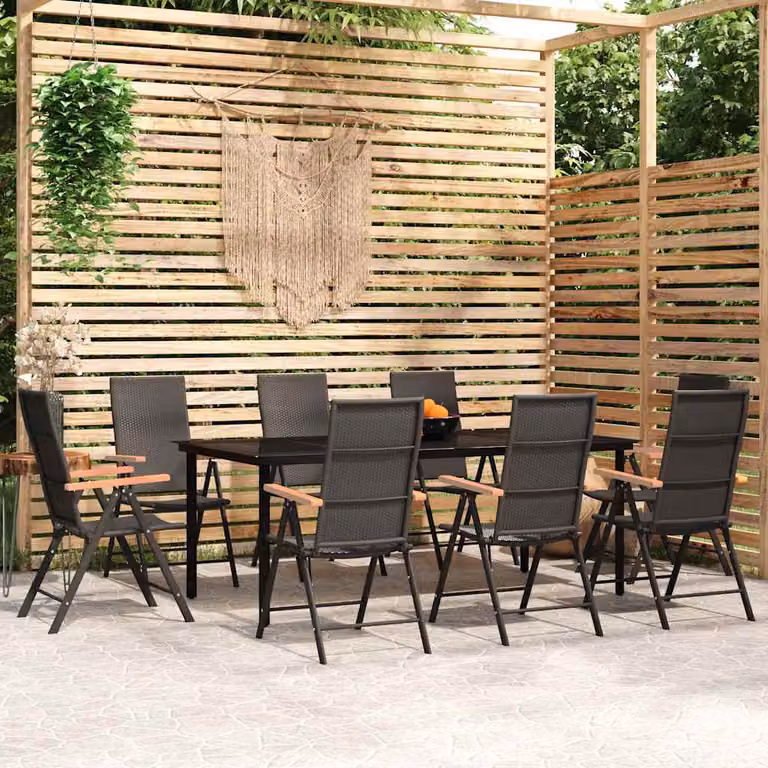 Set da Pranzo per Giardino vidaXL in Metallo e Vetro con Cuscini, 9 Pezzi, Nero