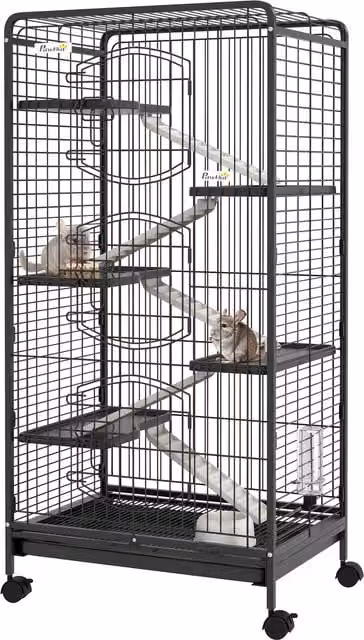 Gabbia per piccoli animali PawHut con ruote, 5 rampe, 5 piattaforme, ciotola e bottiglia, Nero, H: 131 cm, L: 64 cm, P: 43.5 cm – 1