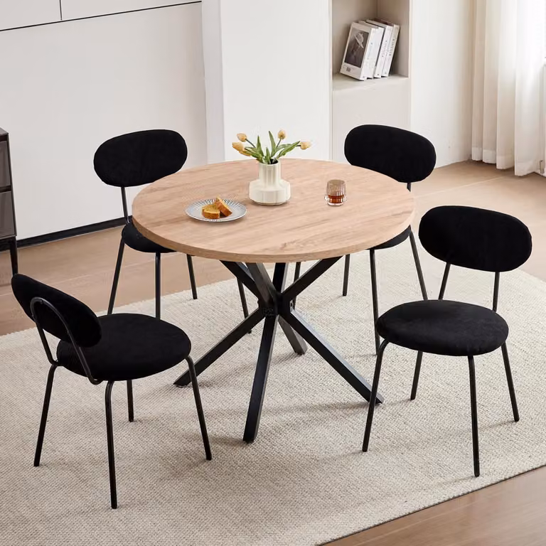 Set tavolo e sedie: 4 sedie, tavolo rotondo in legno, diametro 100 cm, impilabili, colore kaki chiaro/nero