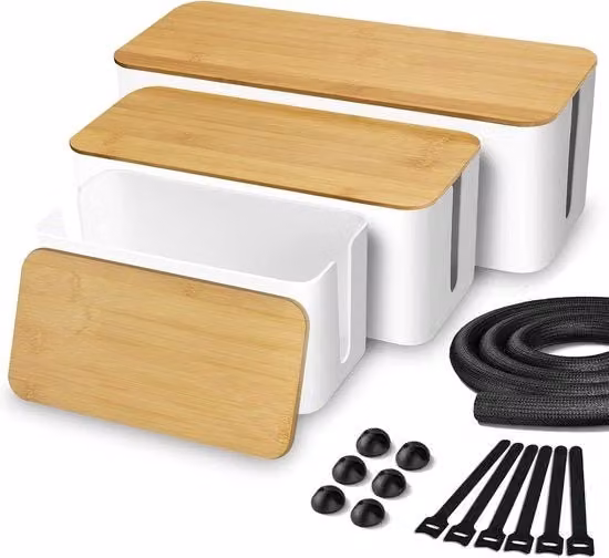 Organizzatore cavi multi-scompartimento con rivestimento in bambù per scrivania e tavolo, bianco