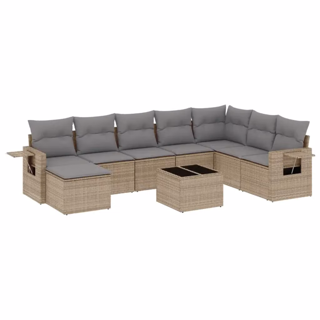 vidaXL Set Divano da Giardino 9 pz in Polyrattan con Cuscini Beige e Grigio e Tavolino in Vetro – 2
