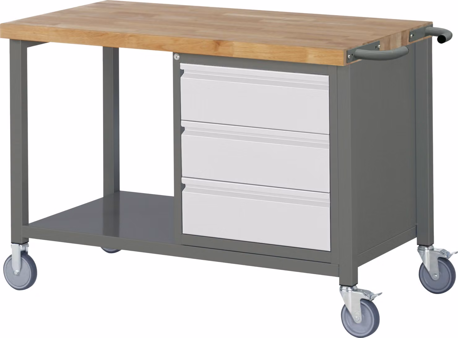 STIER Banco da lavoro mobile Premium, 3 cassetti, 125x70x88 cm, acciaio verniciato a polvere e faggio
