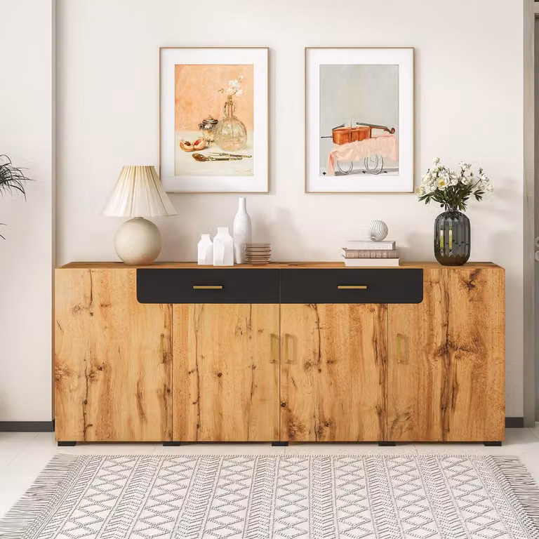 Mobile contenitore a buffet con motivo marmorizzato e cassetti in legno di quercia, dimensioni 208x39,5x80 cm, colore marrone