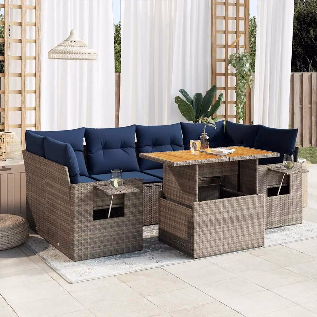 Set Divani da Giardino vidaXL 7 pz a Forma a L con Cuscini Grigio e Blu in Polyrattan e Acciaio