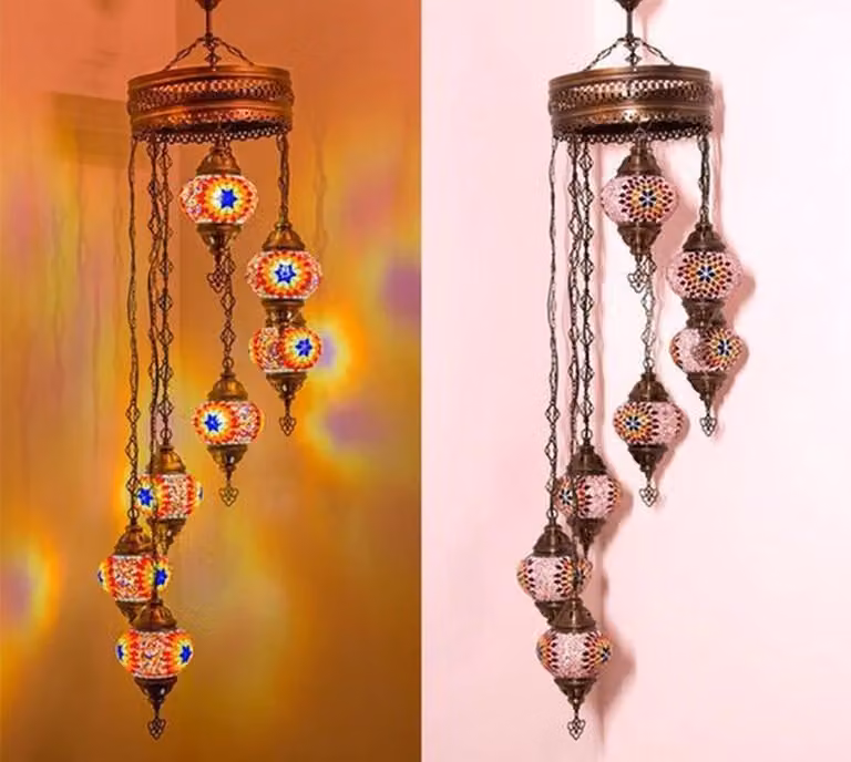Lampada a sospensione turca - Lampada a mosaico realizzata a mano - Lampada da soffitto marocchina - 7 sfere di vetro colorate