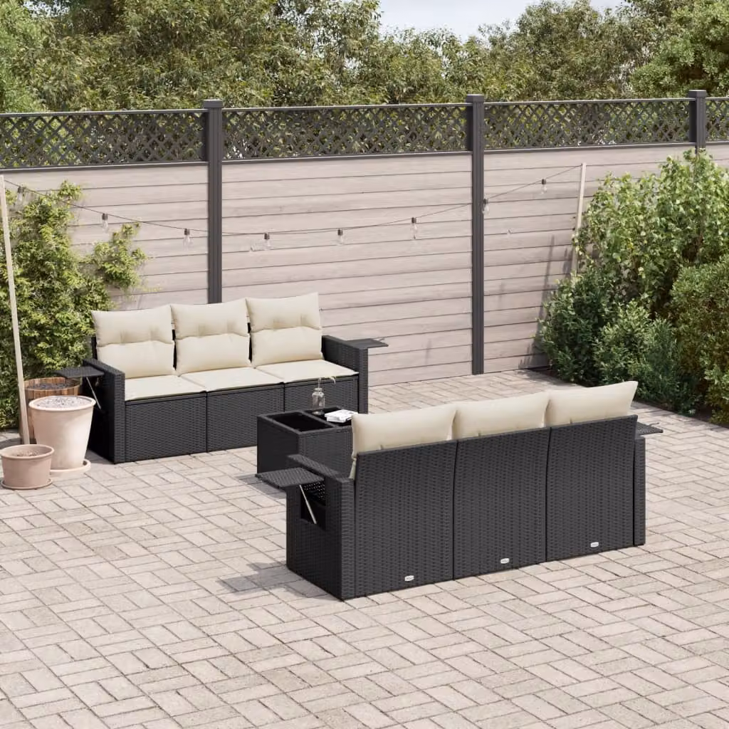Set Divani da Giardino vidaXL 7 Pezzi con Cuscini, Polyrattan e Acciaio Verniciato a Polvere, Nero e Bianco – 1