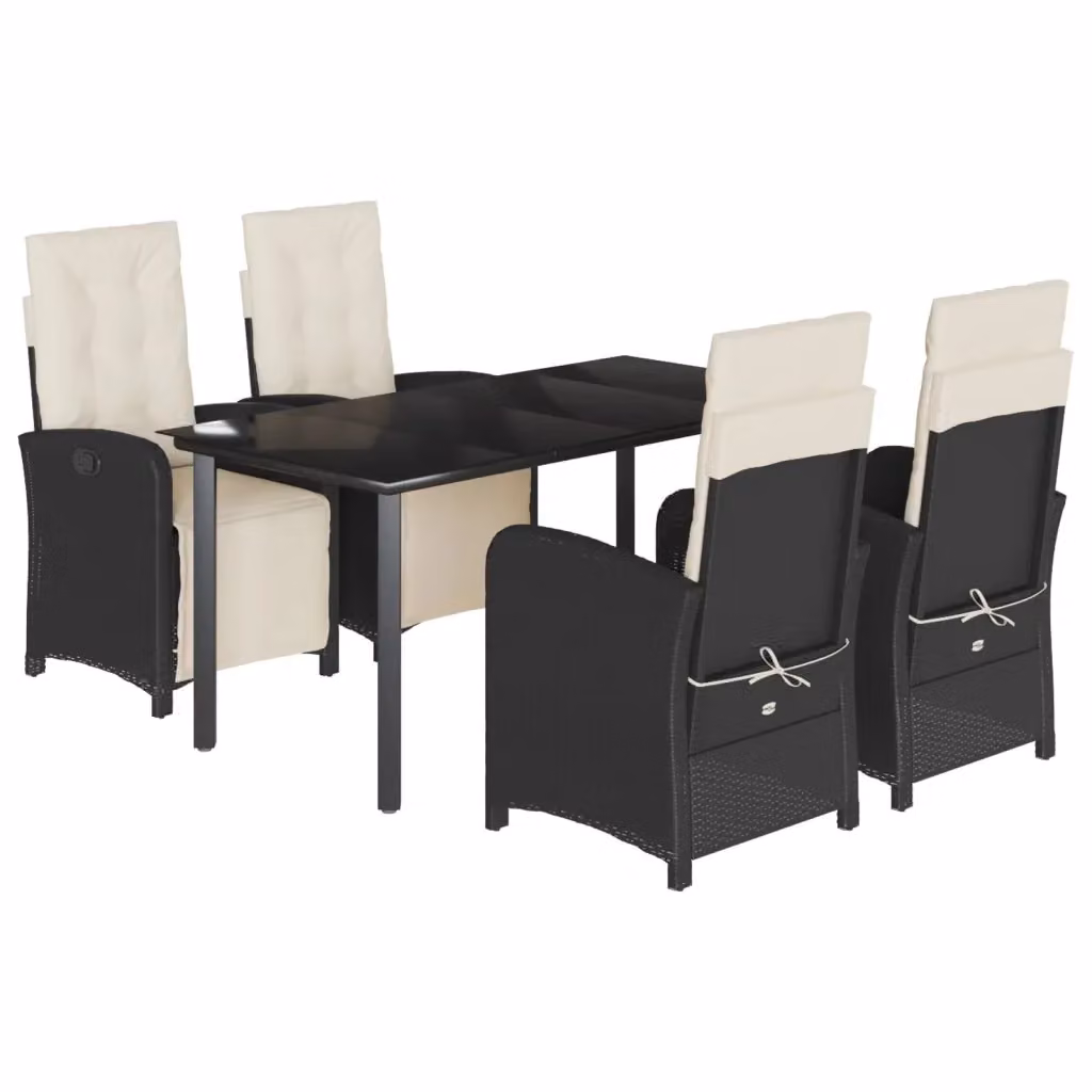 Set da Pranzo da Giardino vidaXL 5 pz in Polyrattan Nero con Piano in Vetro e Cuscini – 2