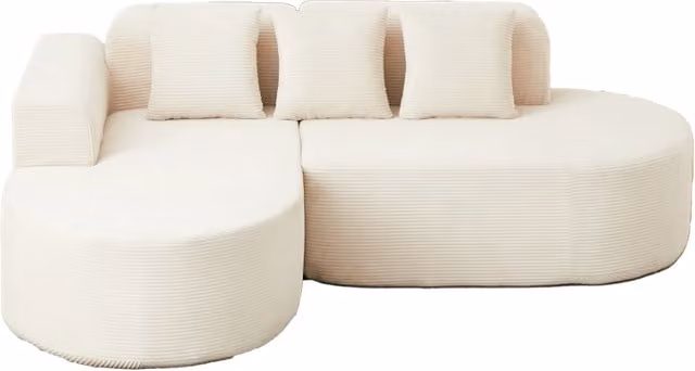 Divano modulare a L in morbido tessuto di velluto a coste, 220 cm, con schienale e braccioli curvi, ideale per soggiorno e area relax