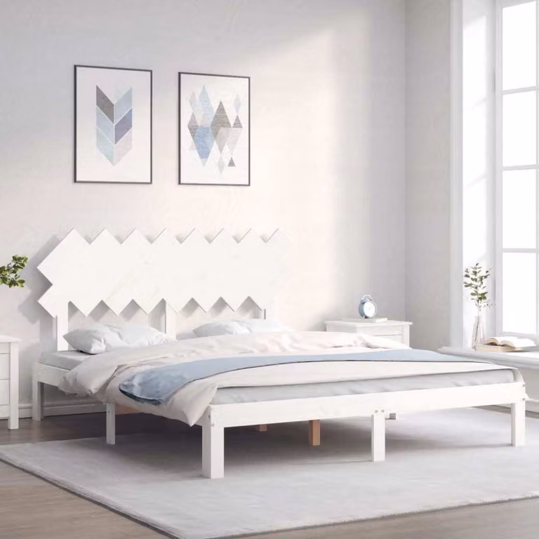 The Living Store Letto in legno massiccio con testiera bianco 160x200 cm