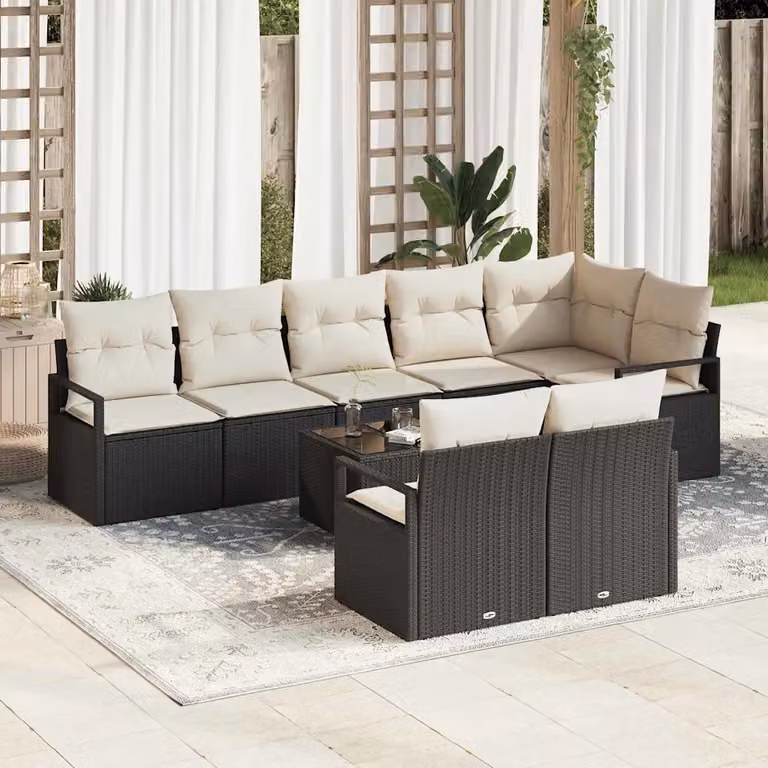 Set di divani da giardino vidaXL in polyrattan nero con cuscini beige per esterno