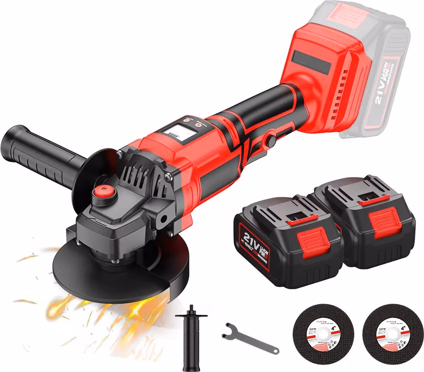 Smerigliatrice angolare a batteria, motore brushless, display digitale della velocità, 2 batterie, EU