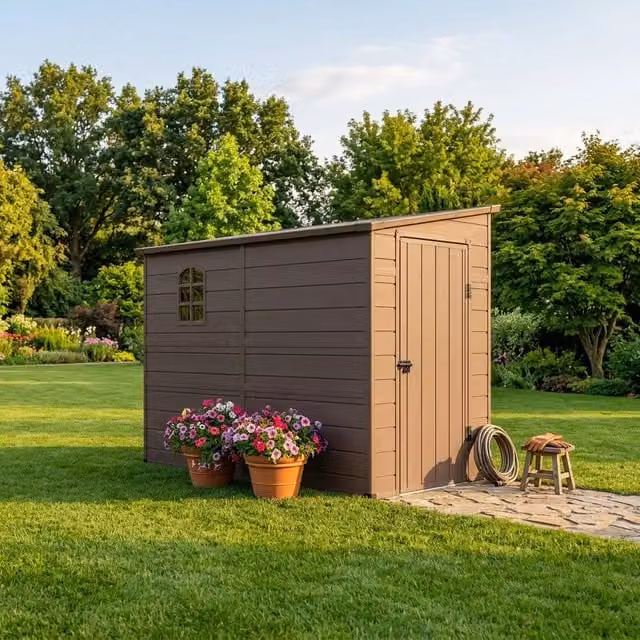 Casetta porta attrezzi da giardino Bob Gardens in plastica e acciaio, colore marrone, L: 247 cm, P: 143 cm, H: 194 cm