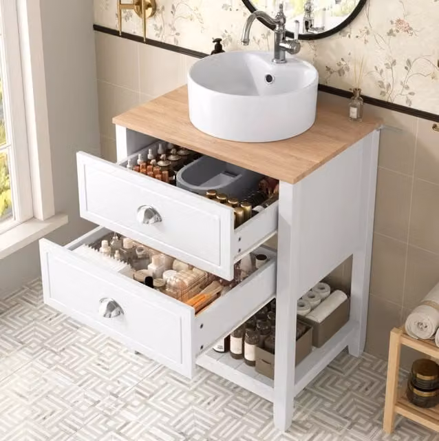 Mobile bagno con lavabo in ceramica; 2 cassetti e vano a giorno bianco e naturale HOMVRA