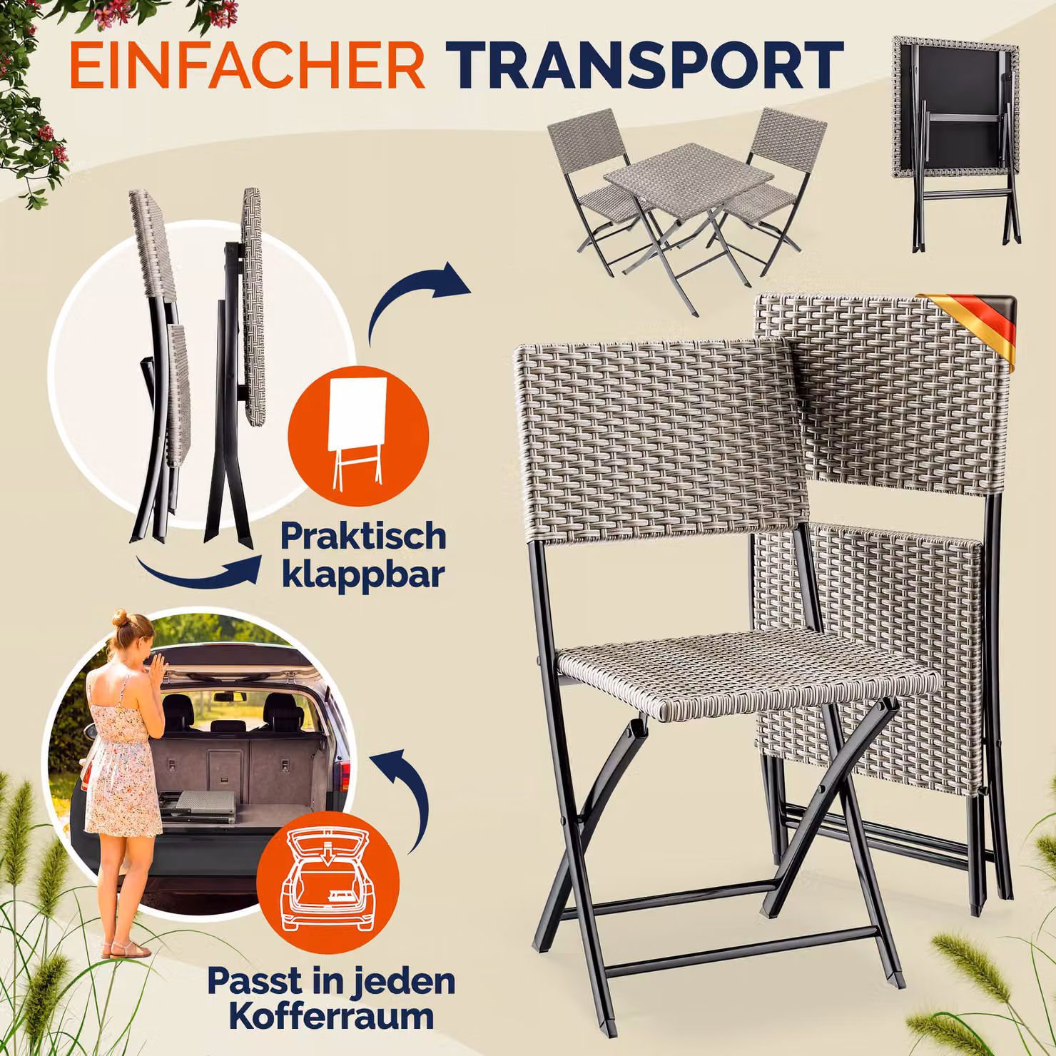 Set da esterno Casaria® in polyrattan nero composto da 3 pezzi pieghevoli per balcone e giardino – 2