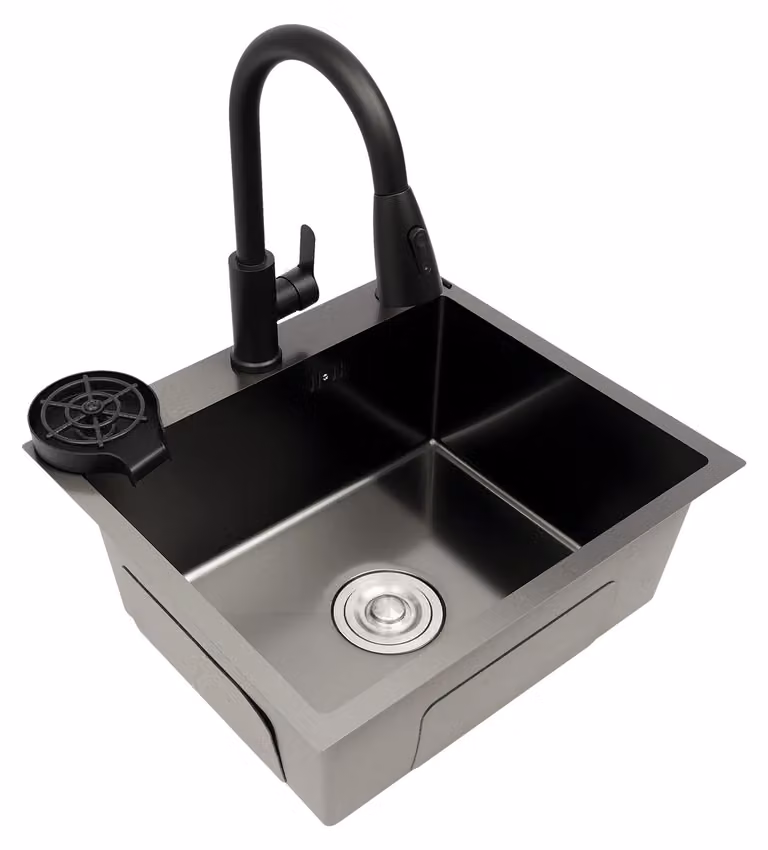 Lavello da cucina - Vasca singola - Acciaio inossidabile - 50 x 45 cm - 1 foro per rubinetto - Con miscelatore - Nero