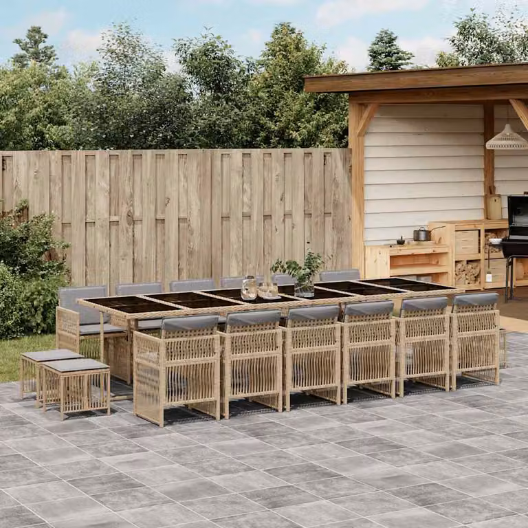 Set Pranzo da Giardino vidaXL in Polyrattan con Cuscini Beige Misto e Tavolo in Vetro, 17 Pezzi