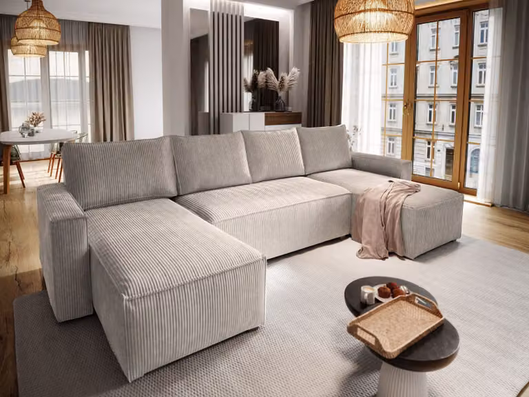 Divano angolare Masseno ASPRA con funzione letto a U, divano con box letto, divano da salotto, divano, divano, divano letto, set di divani - beige, POSO 02
