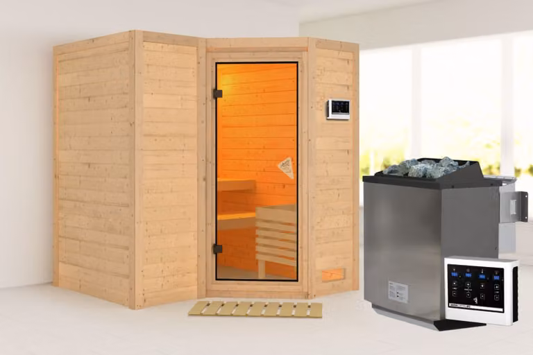 Sauna Sahib 1: senza luminosa sul tetto: stufa a bioetanolo da 9 kW + centralina Easy Porta: interamente in vetro bronzato. luminosa: assente. Stufa per sauna: stufa a bioetanolo da 9 kW + centralina Easy Porta della sauna: interamente in vetro bronzato