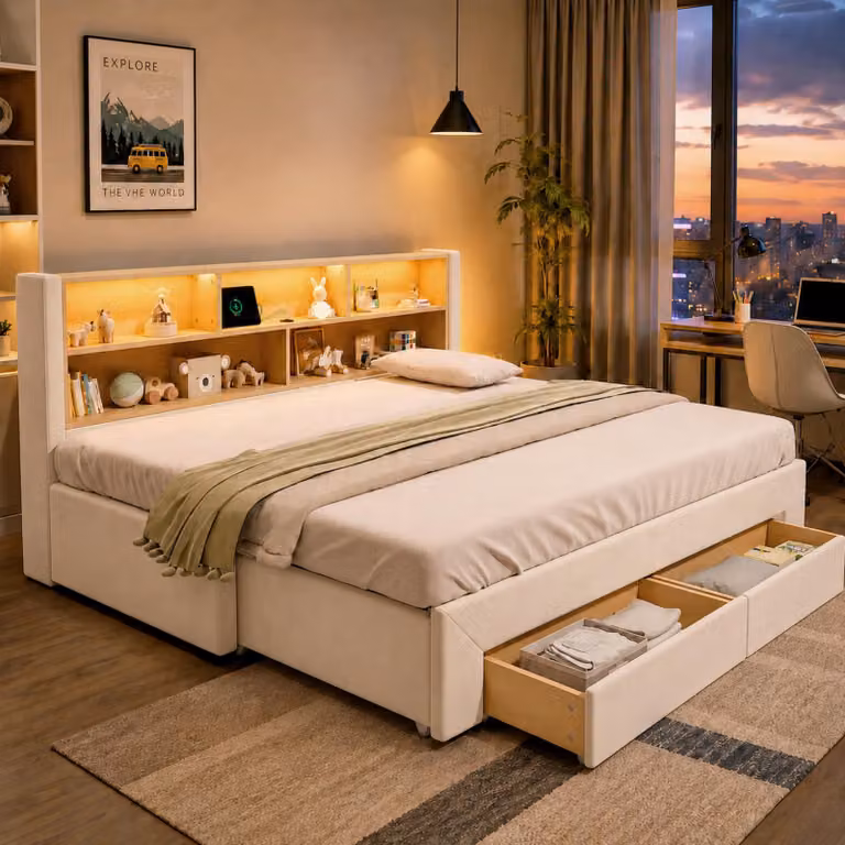 Divano letto Flieks 90x200 cm con letto estraibile, letto imbottito con spazio contenitore e 2 cassetti, letto per ragazzi in legno con porte USB e Type-C, divano letto in velluto, color beige