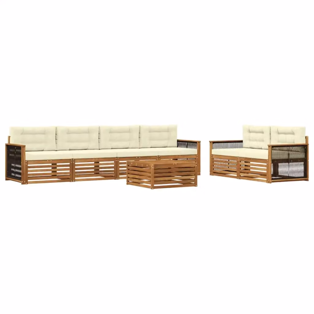 Set di divani da esterno a forma di U con tavolino vidaXL in legno di acacia, colore beige e bianco, composto da 7 pezzi con cuscini inclusi – 2