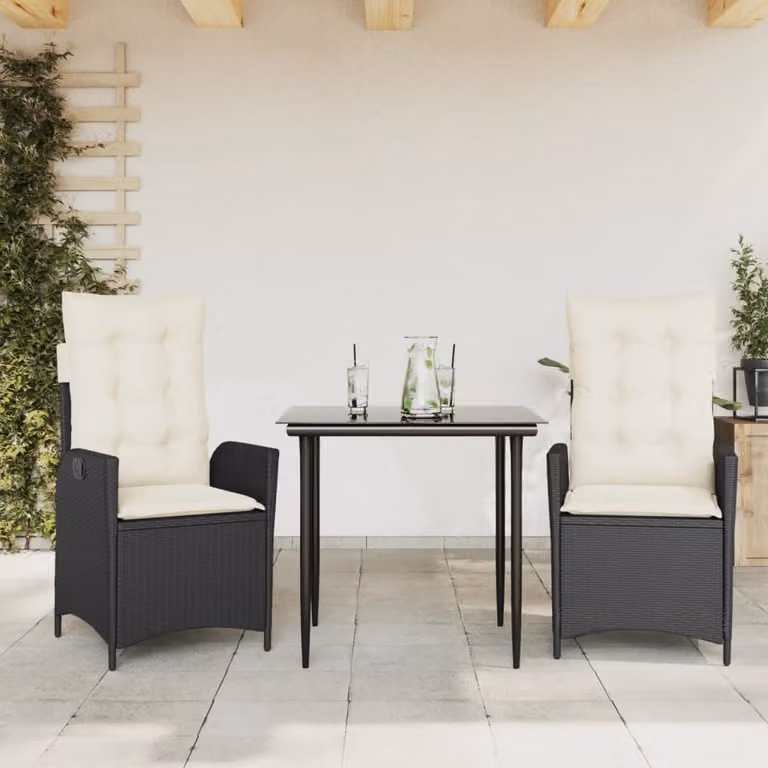 Set da pranzo da giardino vidaXL in polyrattan nero con cuscini e tavolo in vetro per 3 persone