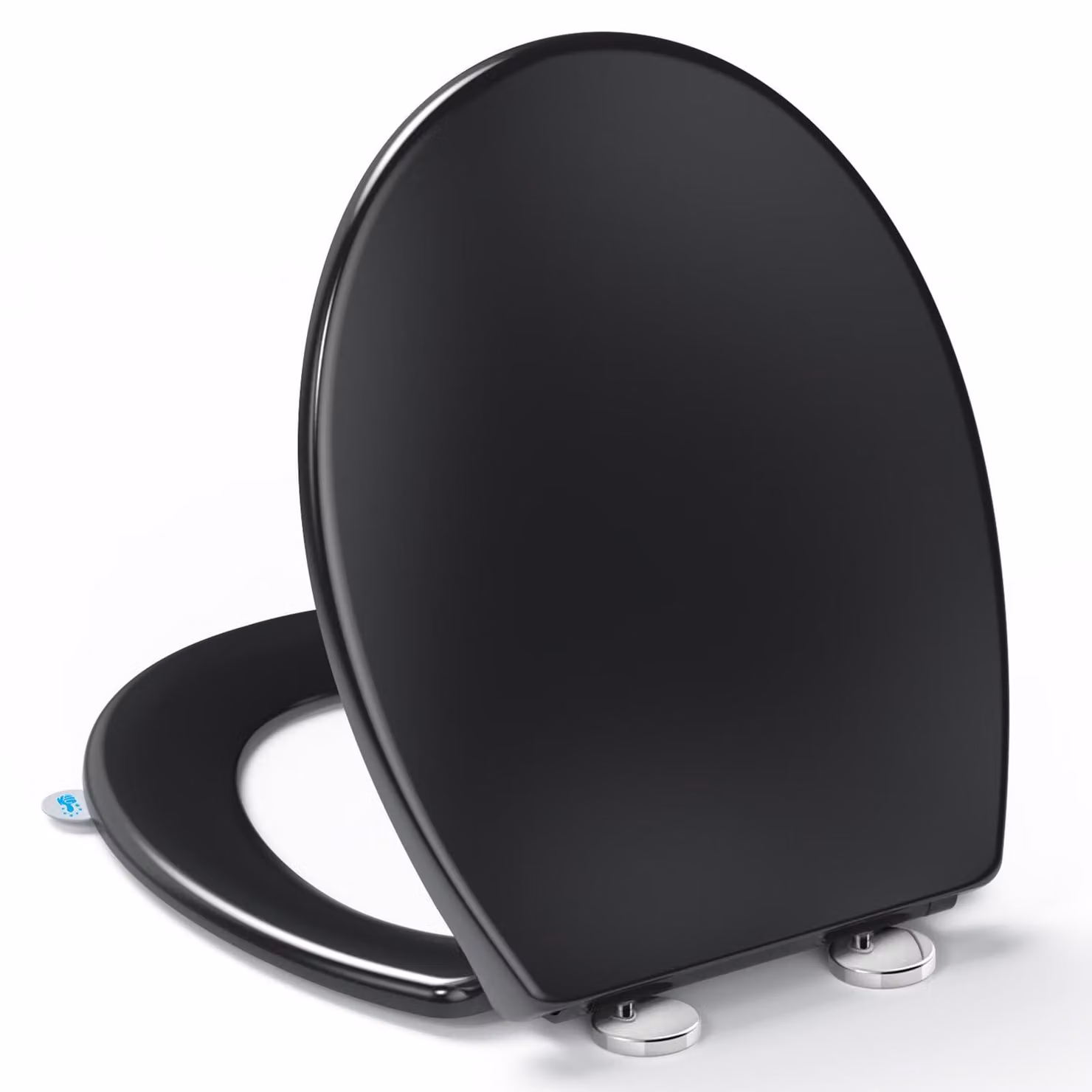 Copriwater nero a forma di "O", dimensioni 44,6 x 37,2 cm, con sistema di chiusura rallentata, con maniglia, capacità di carico 150 kg, per bagno