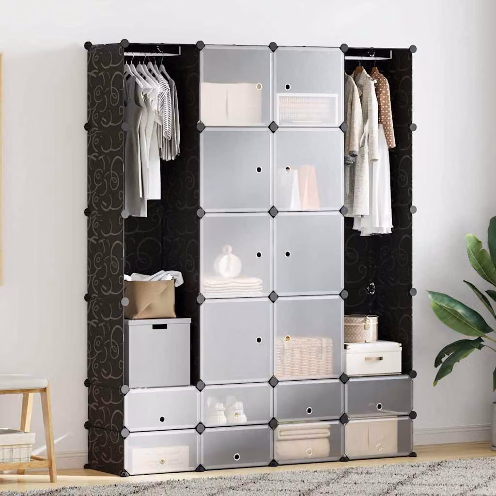 Armadietto Modulare vidaXL con 18 Scomparti, Design Moderno con Ante a Battente e Ripiani Aperti, Nero e Bianco, L/P/H: 146 x 37 x 180,5 cm