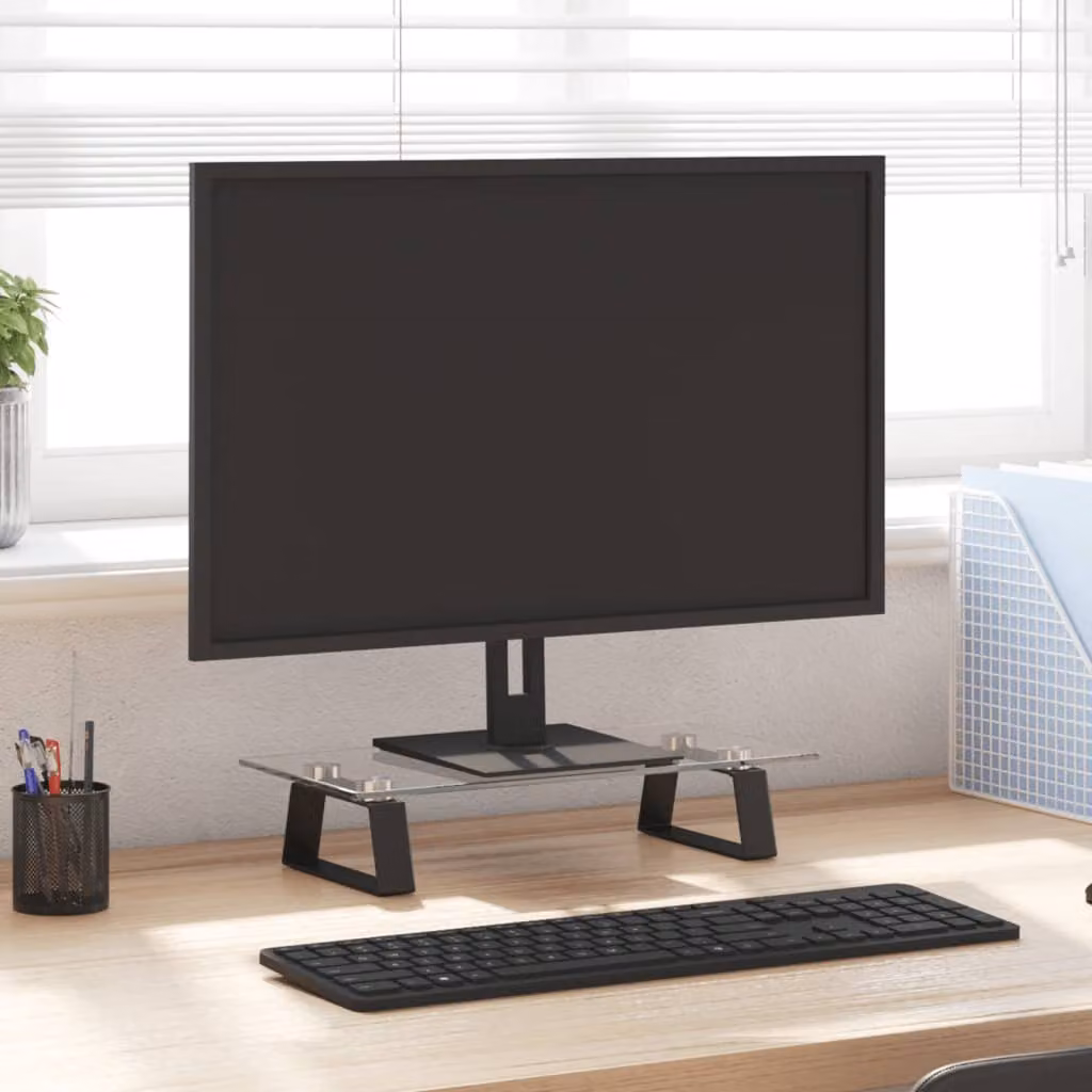 vidaXL Supporto per Monitor in Vetro Temperato e Metallo, Nero e Trasparente, L/P/H: 40 x 20 x 8 cm