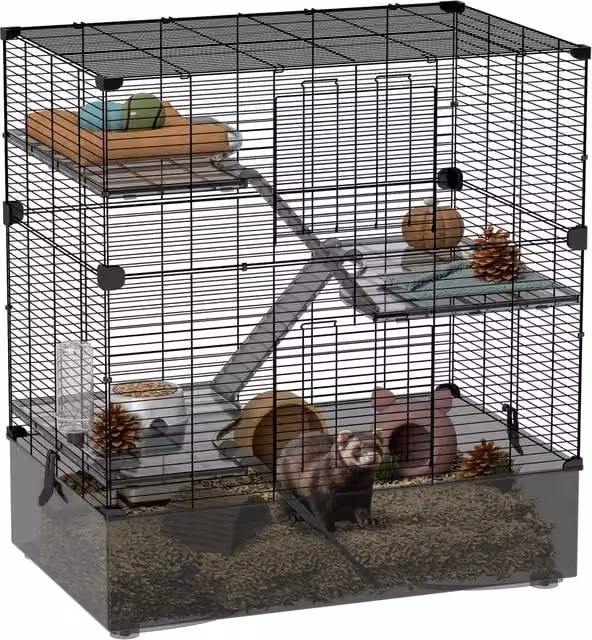 Gabbia per Animali Piccoli Multi-Livello ¨C Xylo ¨C Vassoio e Accessori Inclusi 73x47x80 cm Nero