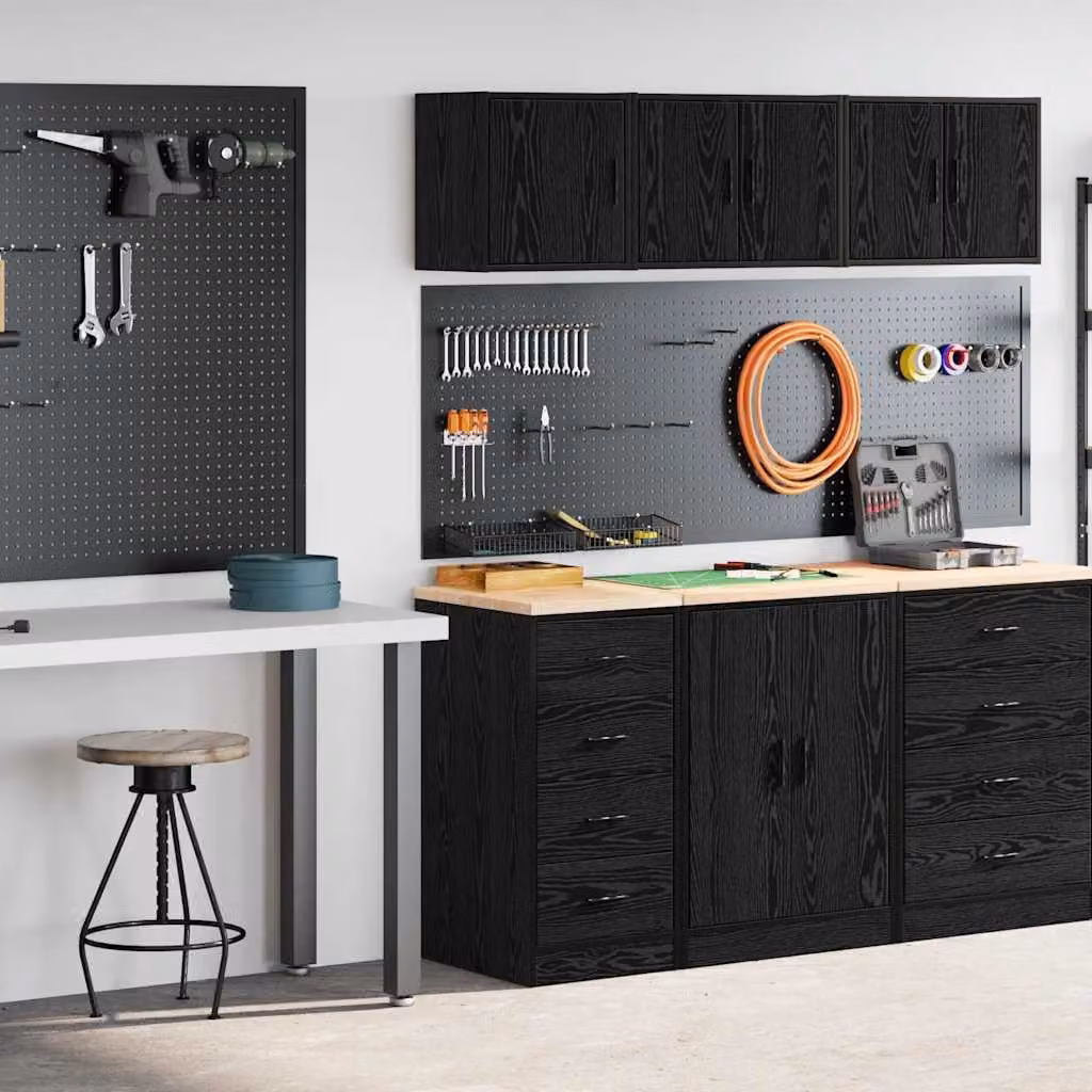 Set di 2 armadi da garage vidaXL neri in legno e MDF con ante a battente e cassetti interni